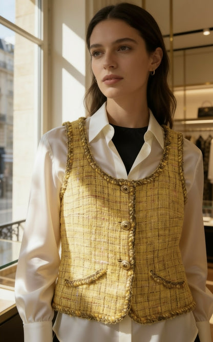 Chanel Iconic 11C Saint-Tropez Yellow Multicolor Tweed Gripoix Waistcoat Vest FR 40