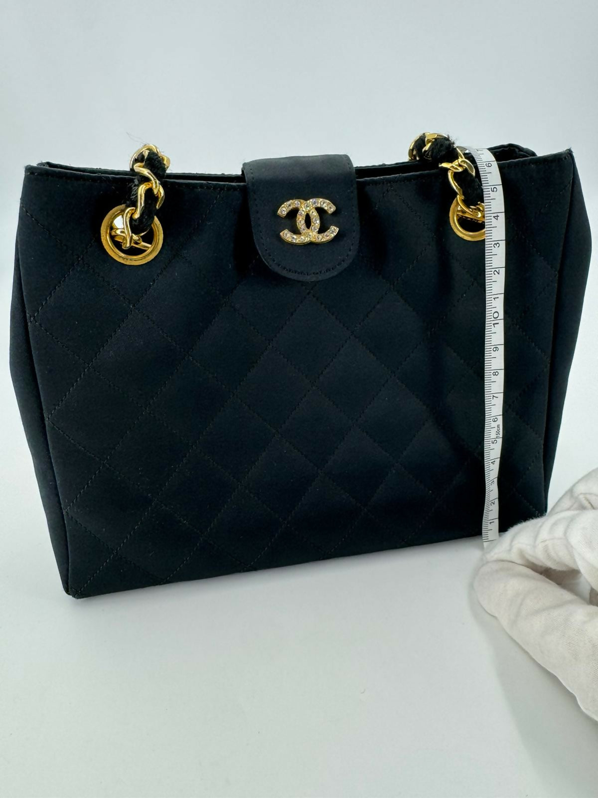 Chanel Vintage Satin and Rhinestone Shiny Black Shoulder Bag
