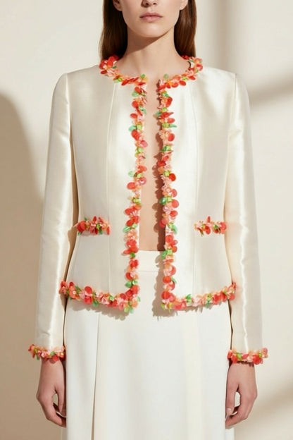 Vintage Chanel 96P Barbie Ivory Shantung Silk Sequin Beaded Pallets Jacket FR 42