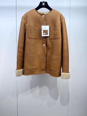 Chanel 24K Khaki shearling lambskin coat