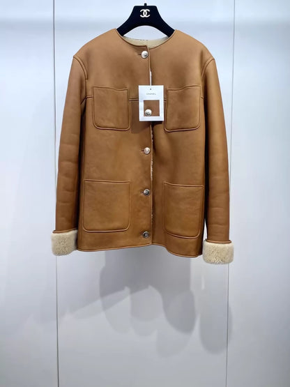 Chanel 24K Khaki shearling lambskin coat
