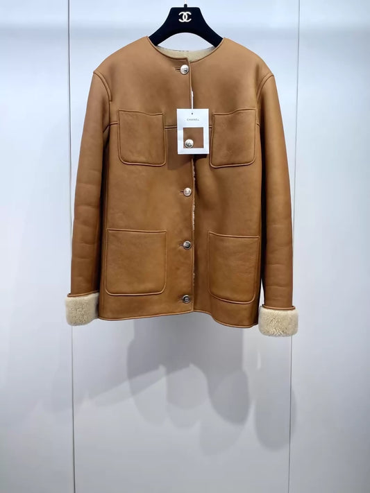 Chanel 24K Khaki shearling lambskin coat