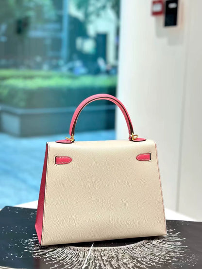 Hermes Kelly 25 craie & pink lipstick Epsom leather brushed gold hardware