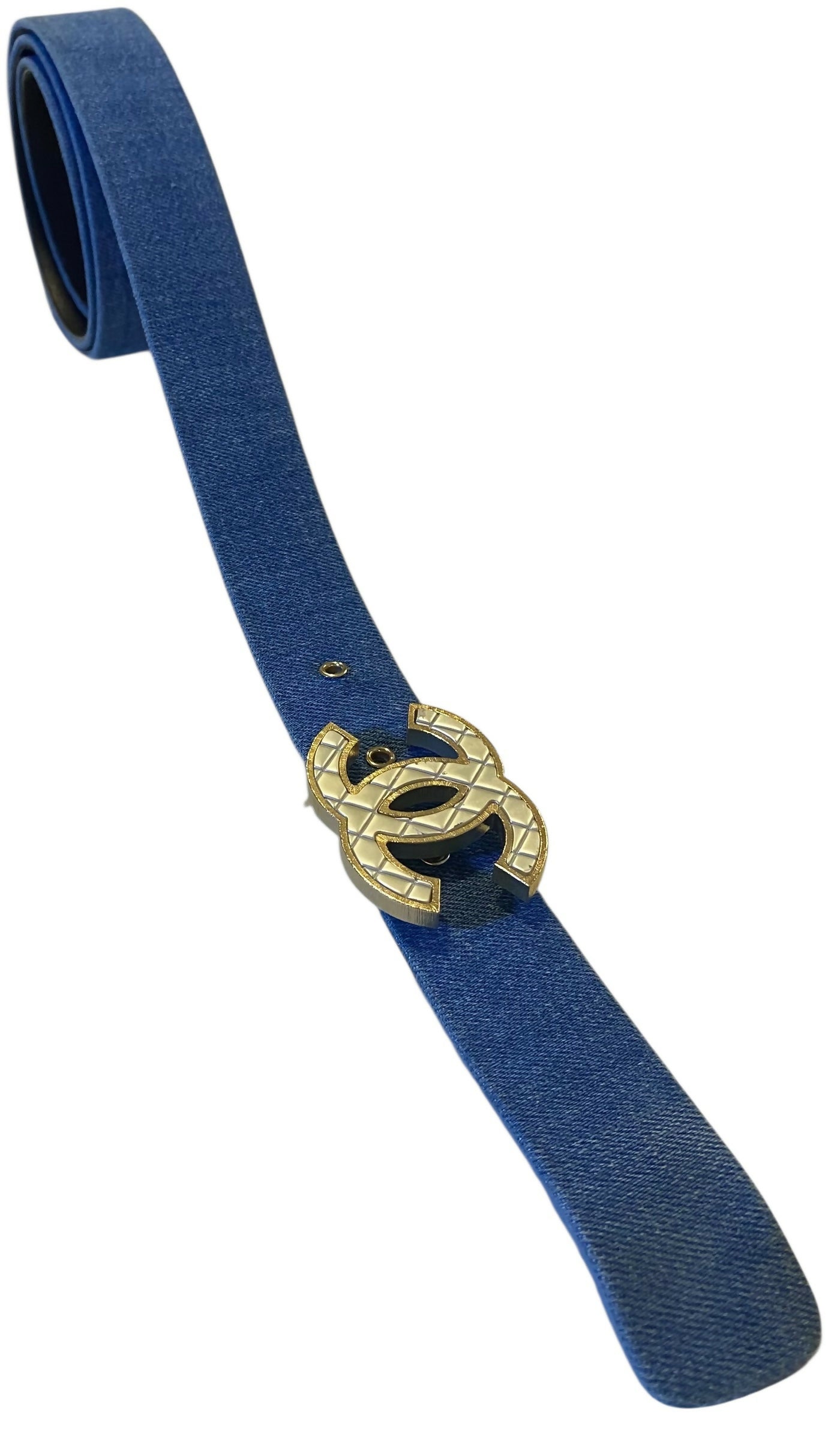 Chanel Airlines 16P Blue Denim CC Matte Silver & Gold Buckle Belt