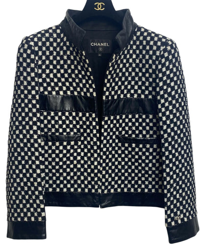 Chanel 17B Metropolitan Checker Sequin Leather Trim Zip Up Jacket FR 42