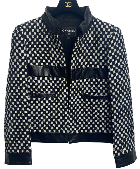 Chanel 17B Metropolitan Checker Sequin Leather Trim Zip Up Jacket FR 42