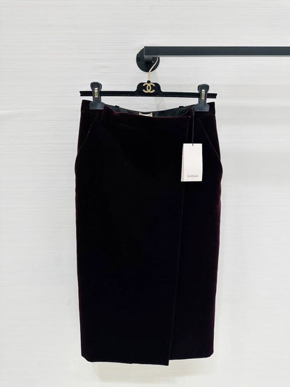 Saint Laurent YSL 25 midi skirt in burgundy velvet