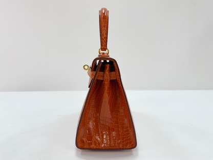 Hermès Mini Kelly I Orange Porosus Crocodile Lisse with Gold Hardware