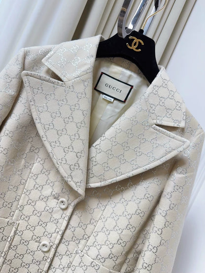 Gucci off-white all-logo silver-threaded suit jacket