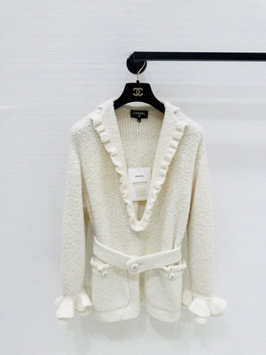 Chanel 24k off-white  knit top with ruffled sleeves and a V-neck
