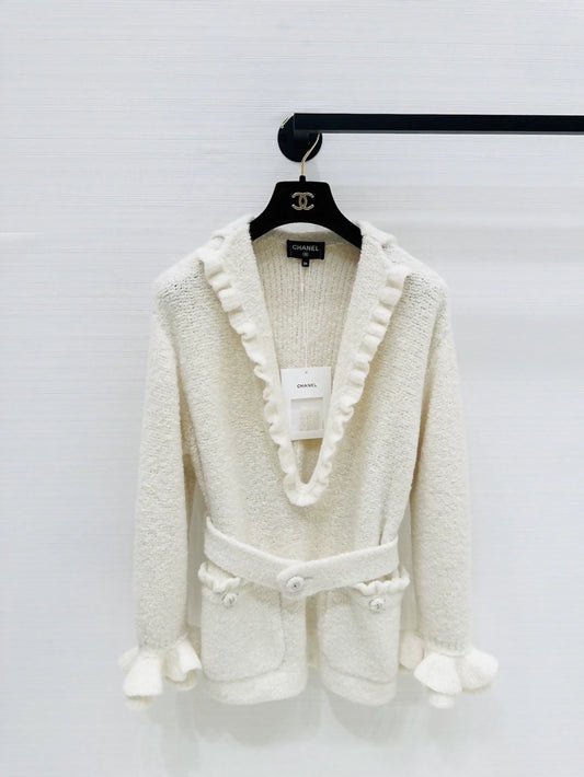 Chanel 24k off-white  knit top with ruffled sleeves and a V-neck