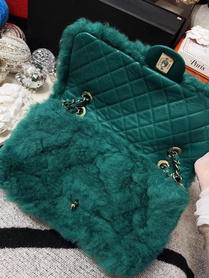 Chanel 19K green vintage quilted fur CF chain crossbody bag