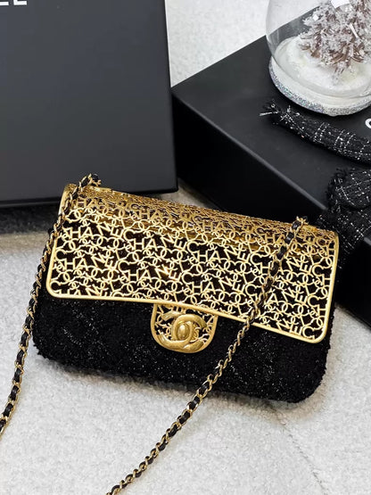 Chanel 22K black and gold metallic tweed CF chain evening bag