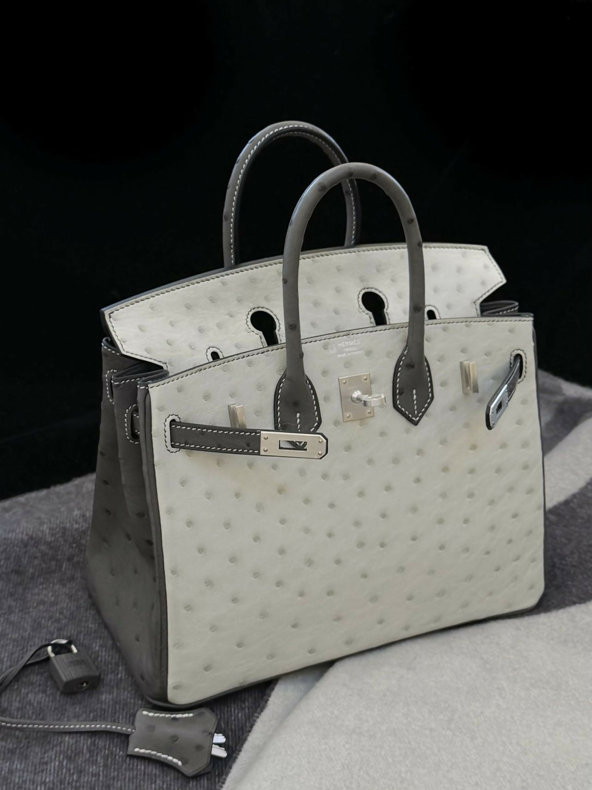 Hermès Birkin 25 Gris Perle / Pearl Grey & Gris Nuage Ostrich Leather with Hardware K Stamp