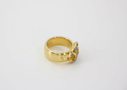 Chanel Vintage Rhinestone Gold-Tone Black CC Logo Ring