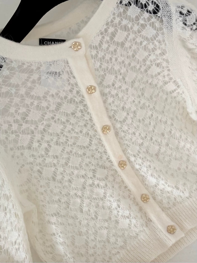 Chanel 23K white lace gold camellia button cardigan