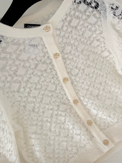 Chanel 23K white lace gold camellia button cardigan