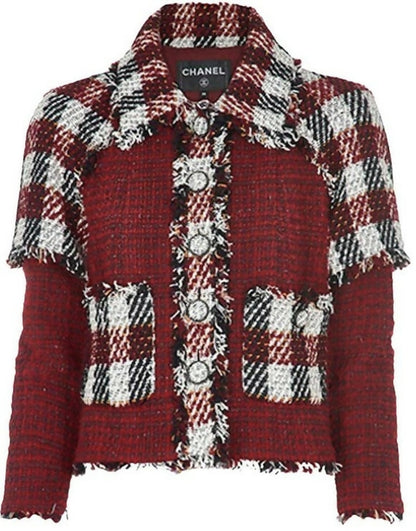 Chanel 16A Runway Burgundy Plaid Tweed Fringe Jacket FR 40