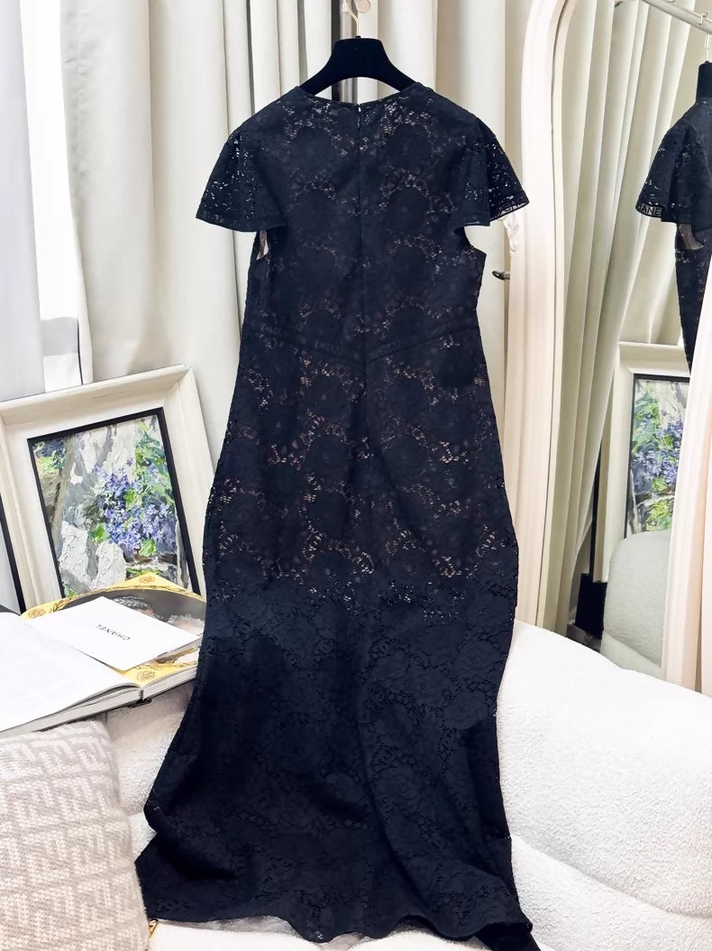 Chanel 25B black lace crochet logo embroidered long dress