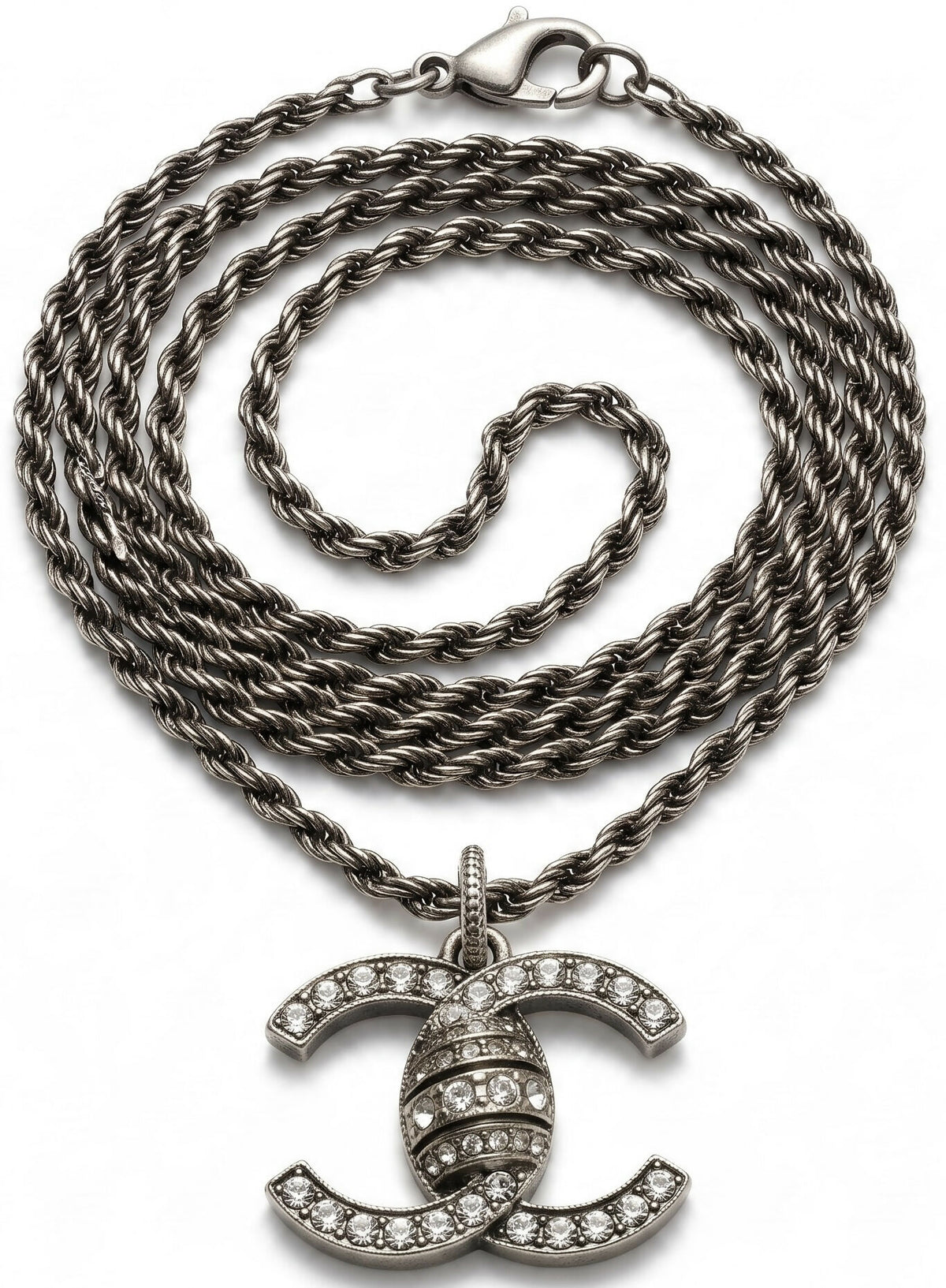Chanel 08A Paris-London Extra Long Silver Rope Crystal CC Pendant Necklace