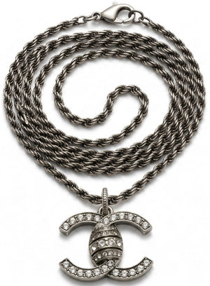 Chanel 08A Paris-London Extra Long Silver Rope Crystal CC Pendant Necklace