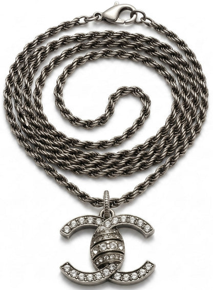 Chanel 08A Paris-London Extra Long Silver Rope Crystal CC Pendant Necklace