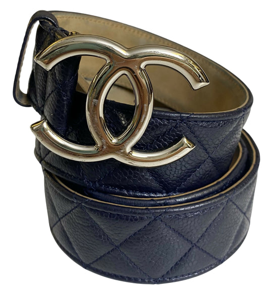 Chanel 13B Navy Blue Caviar Leather Quilted Silver CC Belt Size 90/36