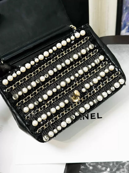 Chanel 20B black and gold pearl chain square crossbody bag