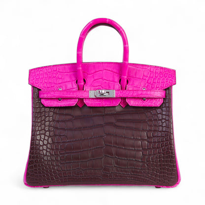 HERMÈS Birkin 25 Rouge Sellier Rose Shocking Matte Alligator Palladium hardware