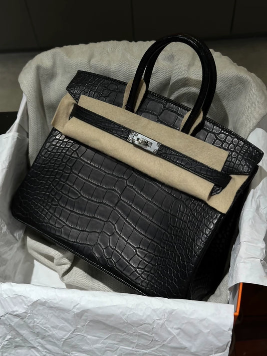 Hermes Birkin 25 black matte crocodile leather palladium hardware