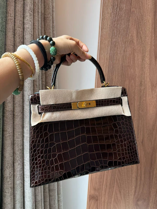 Hermes Kelly 28 Havana porosus shiny crocodile leather gold hardware