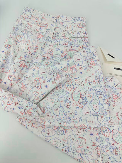 Chanel 25c white denim wide-leg pants with fish prints