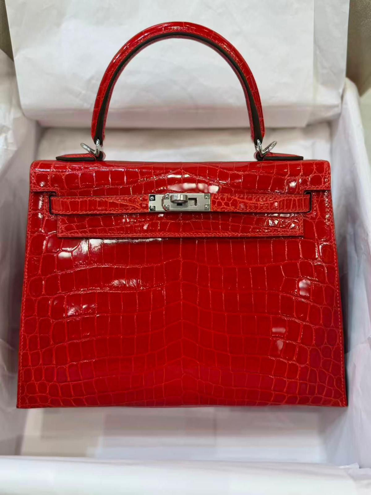 Hermes Kelly 25 Geranium Shiny Niloticus palladium hardware