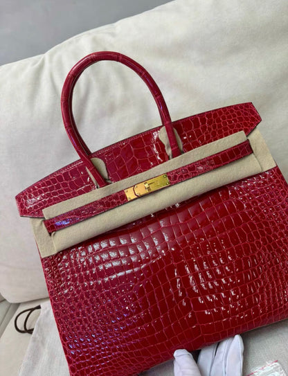 Hermes Birkin 35 Braise Red POROSUS Crocodile With Gold Hardware Handbag