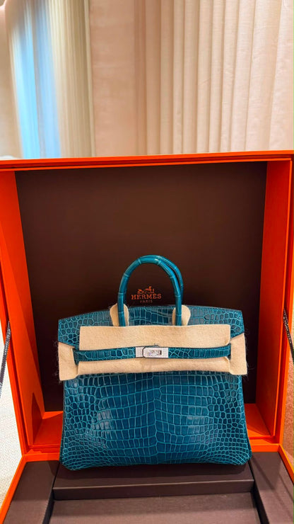 Hermes Birkin 25 Shiny Bosphore Crocodile Diamond Gold Hardware