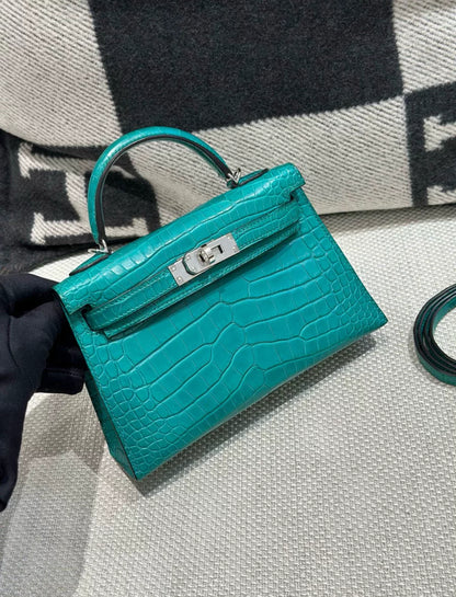 Hermes Mini Kelly Green Malachite Matte Alligator Leather Palladium Hardware