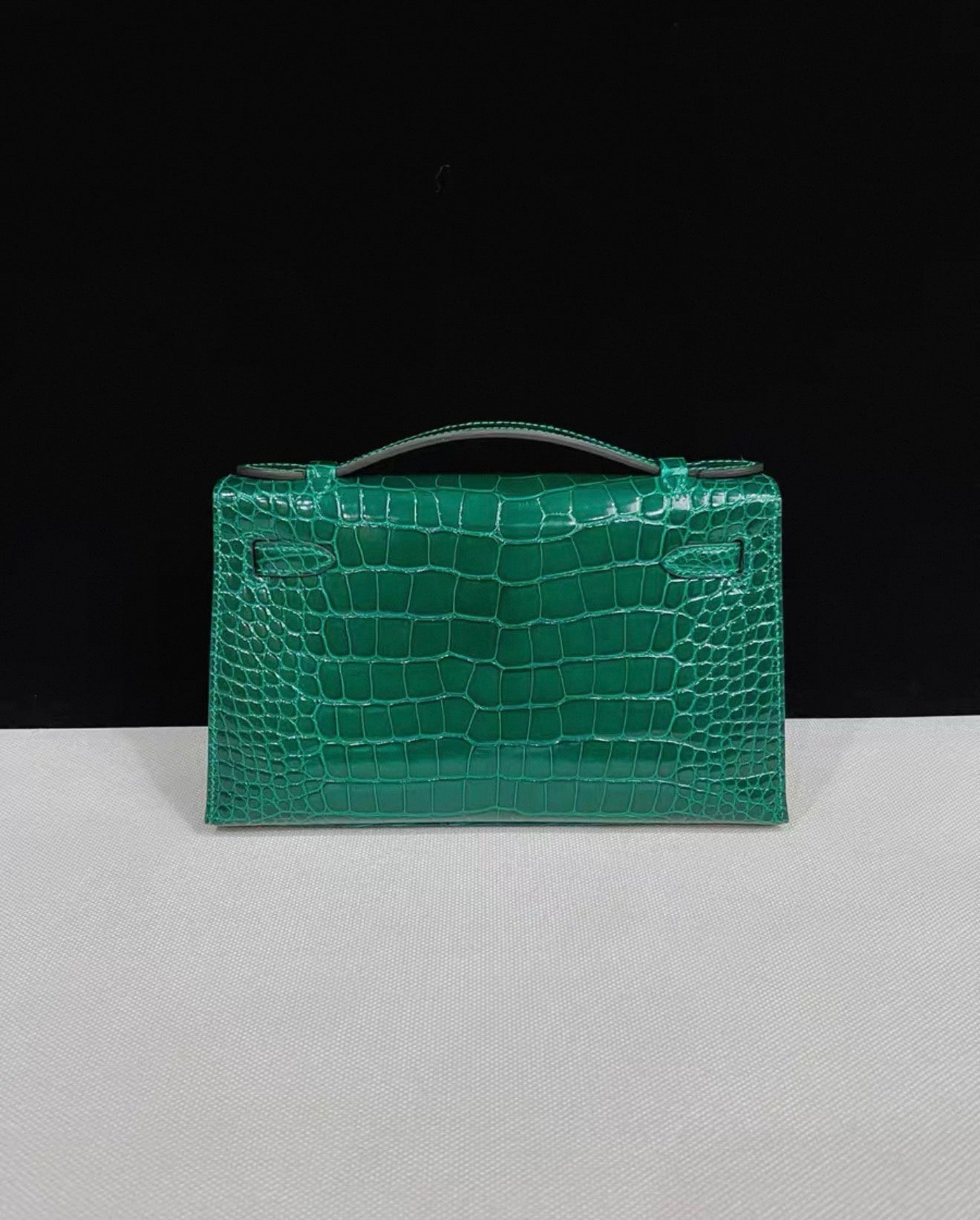 Hermes Kelly Pochette Green Emerald Shiny Crocodile Leather Palladium Hardware