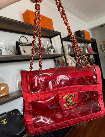 CHANEL 1995 Spring summer "BARBIE" MAXI FLAP METALLIC RED BAG 24K GHW CLASSIC PCI