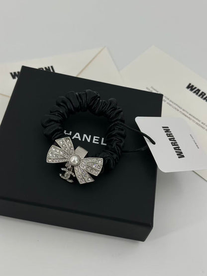 Chanel 22P Diamond Bow Double C Black Pleated Hairband