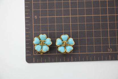 Chanel Vintage 97P Gripoix Blue Camellia Clip-on Earrings