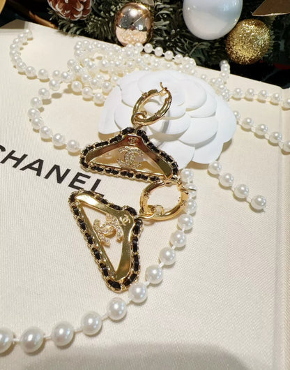 Chanel 23A Black Gold Leather Chain Hanger Earrings