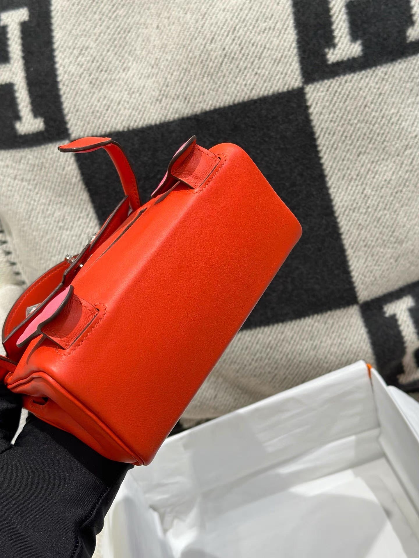 Hermes Kelly Doll capucine & rose azalée Swift leather with palladium hardware