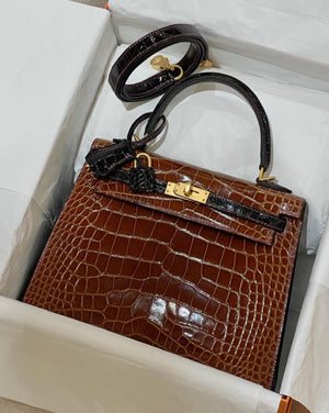 Hermes Kelly 25 HSS Miel / Black Shiny Alligator Gold Hardware