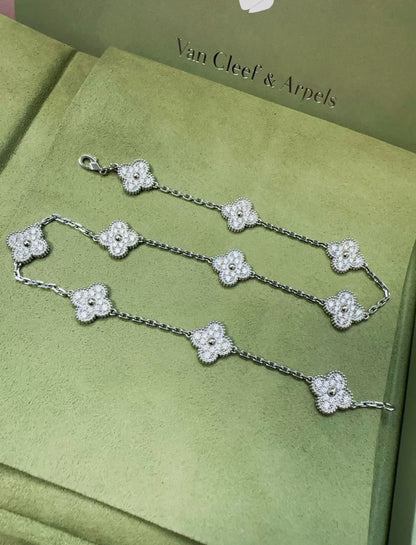 Van Cleef & Arpels 18k White Gold Diamond Set Vintage Alhambra Necklace