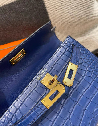 Hermès Mini Kelly Blue Sapphire Blue Crocodile Matte Gold Hardware