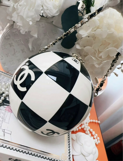 Chanel 23C Black and White Resin and Enamel Checker Sphere Minaudiere Pale Gold Hardware