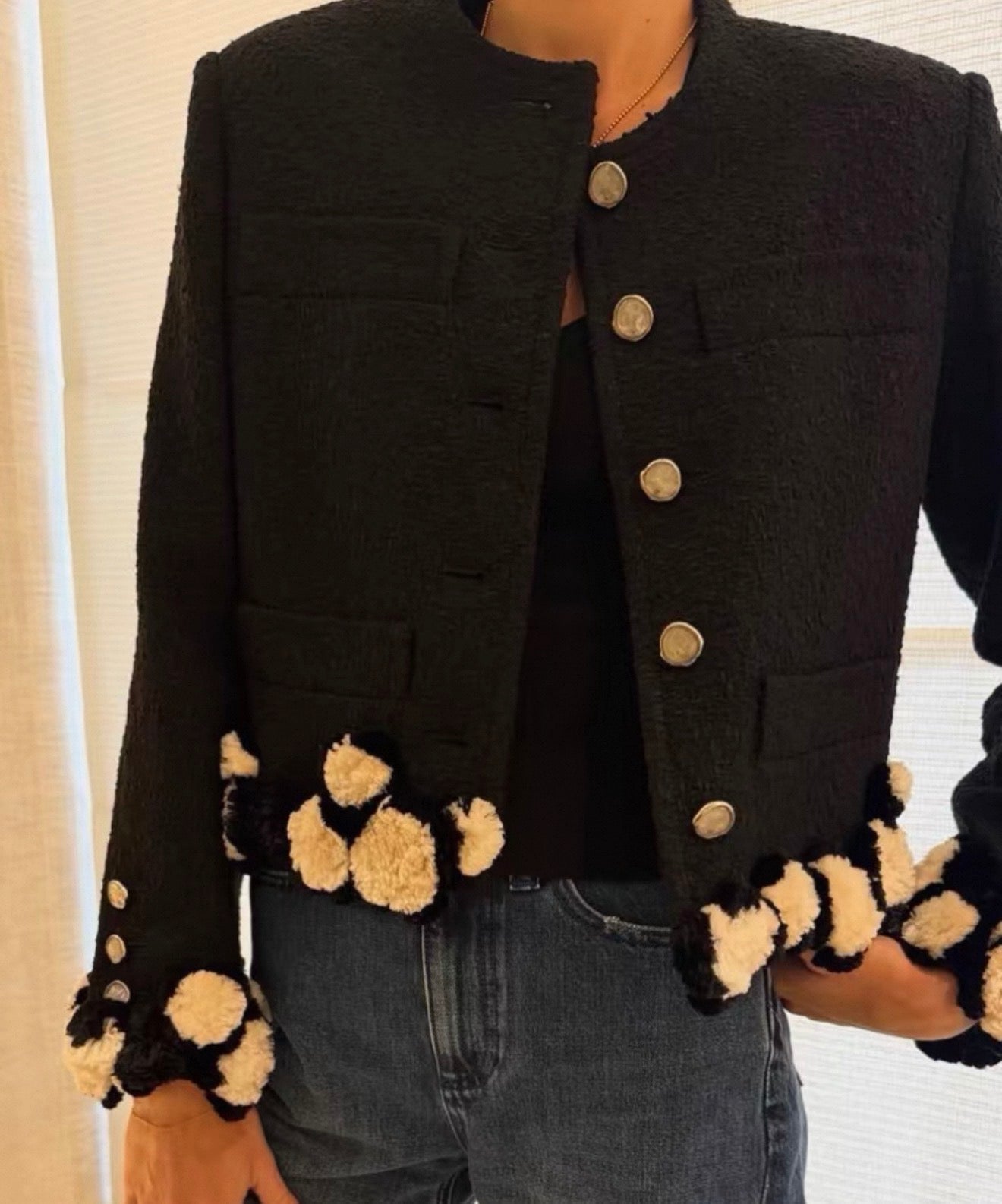 Chanel 26S Black & White tweed jacket with camellia braid
