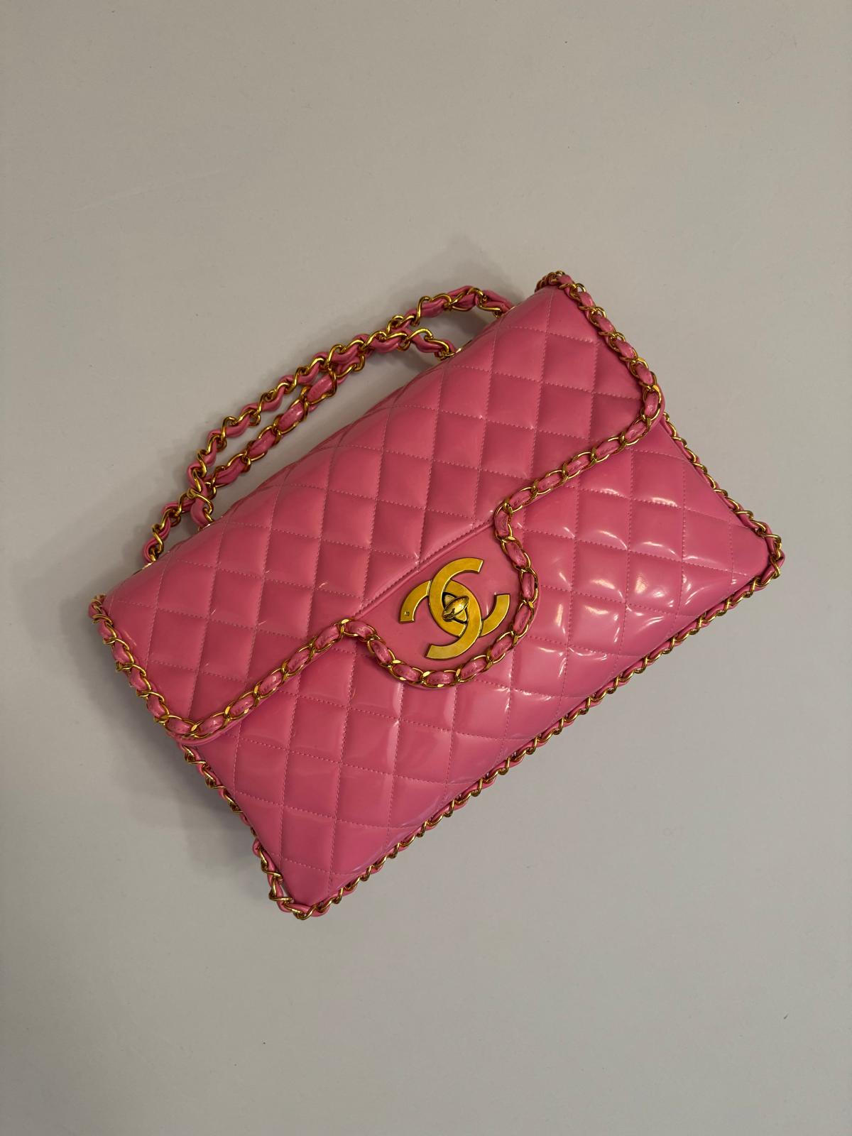 CHANEL 1995 "BARBIE" PINK PATENT CHAIN AROUND MAXI FLAP BAG 24K HARDWARE