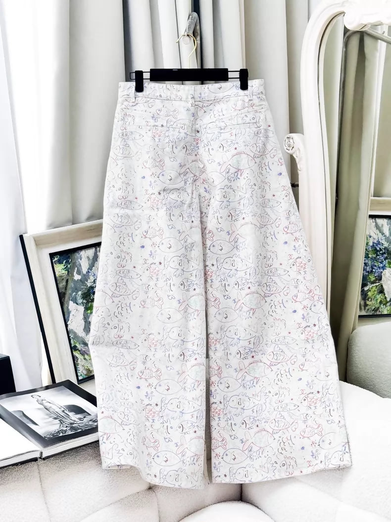 Chanel 25C Colorful Graffiti Print Wide-Leg Pants