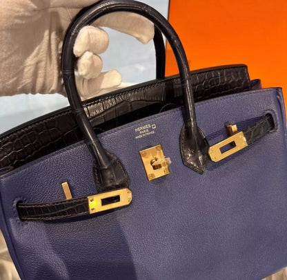 Hermès Birkin 25 Bleu Marine Matte Alligator and Bleu Saphir Novillo Touch Rose Gold Hardware